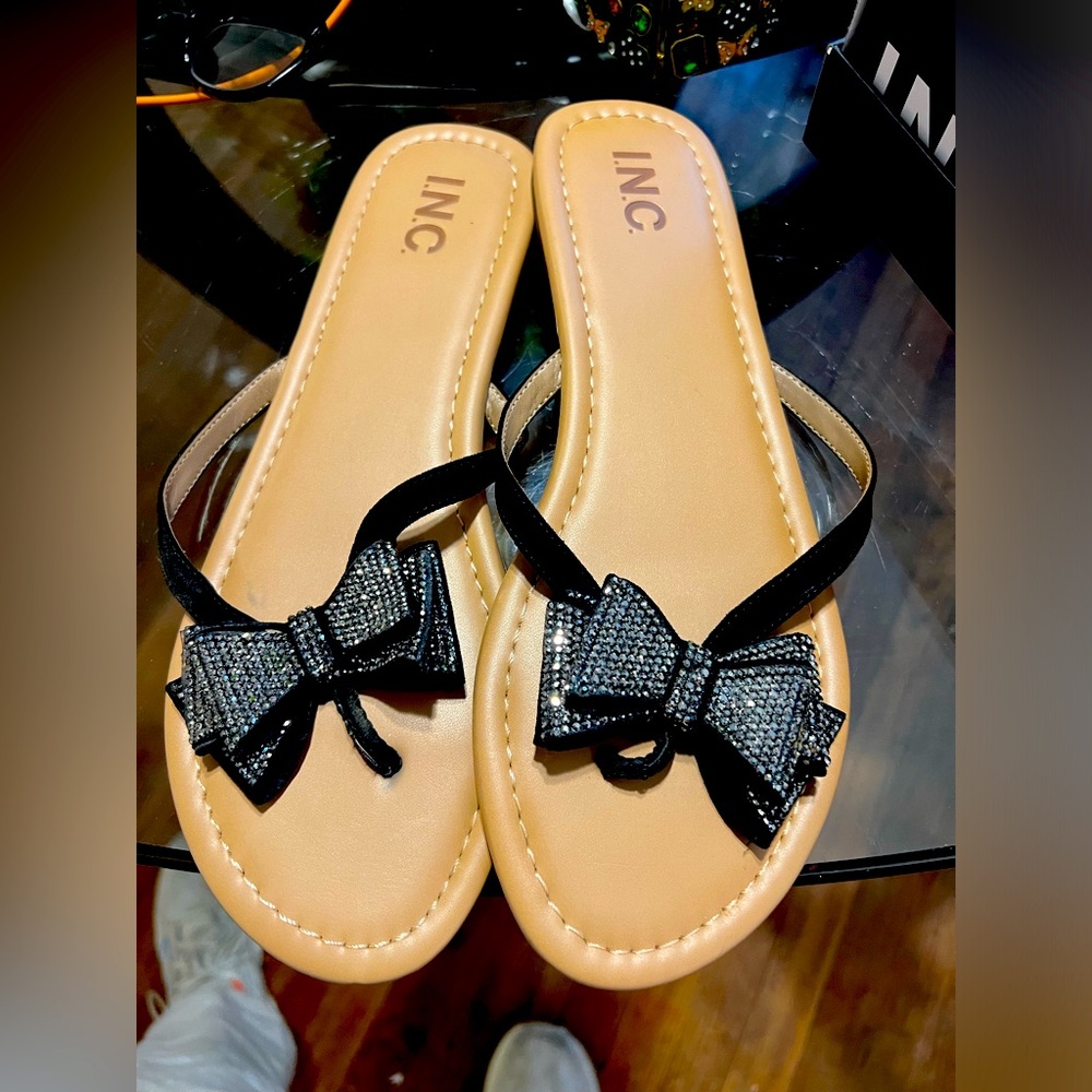 INC International Concepts Black Bling Bow Slide Sandals